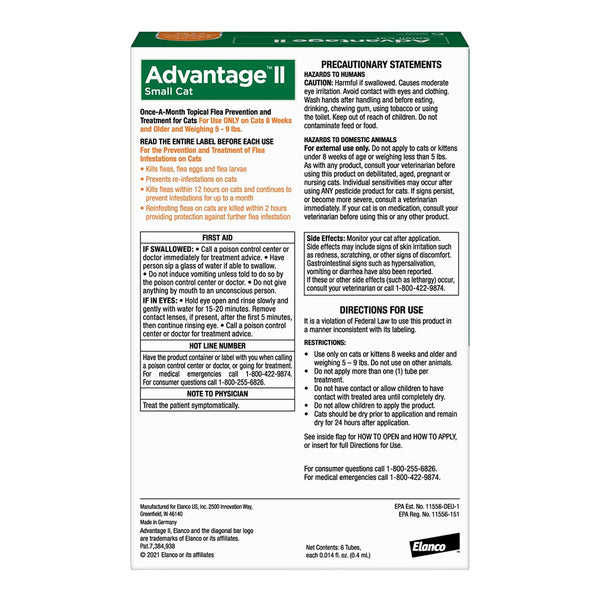 Back of Elanco Advantage II 6-Month Supply Topical Flea Treatment & Prevention for Small Cats 5-9 lbs 