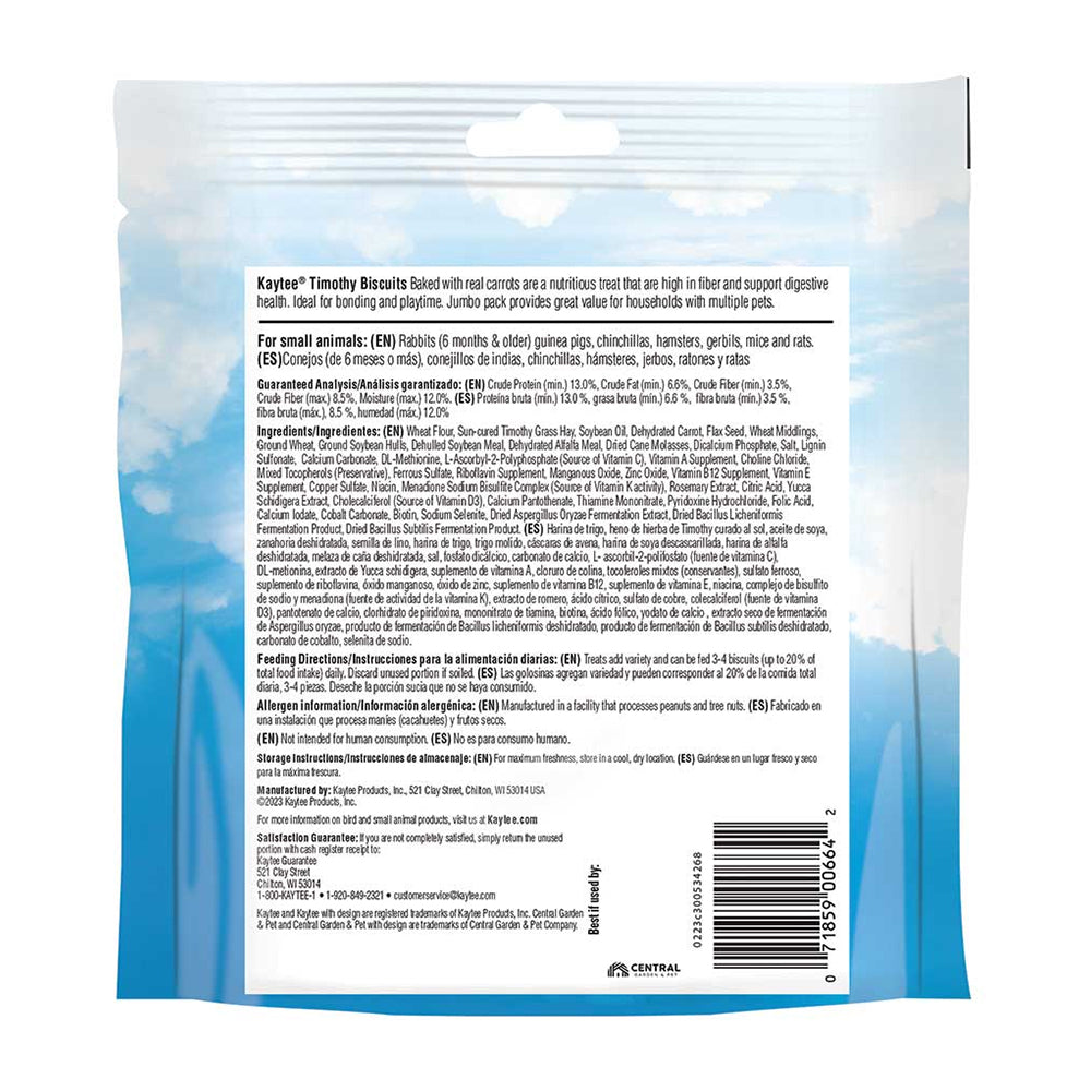 Back of Kaytee Timothy Biscuits Baked with Carrot Small Animal Treats 10-oz