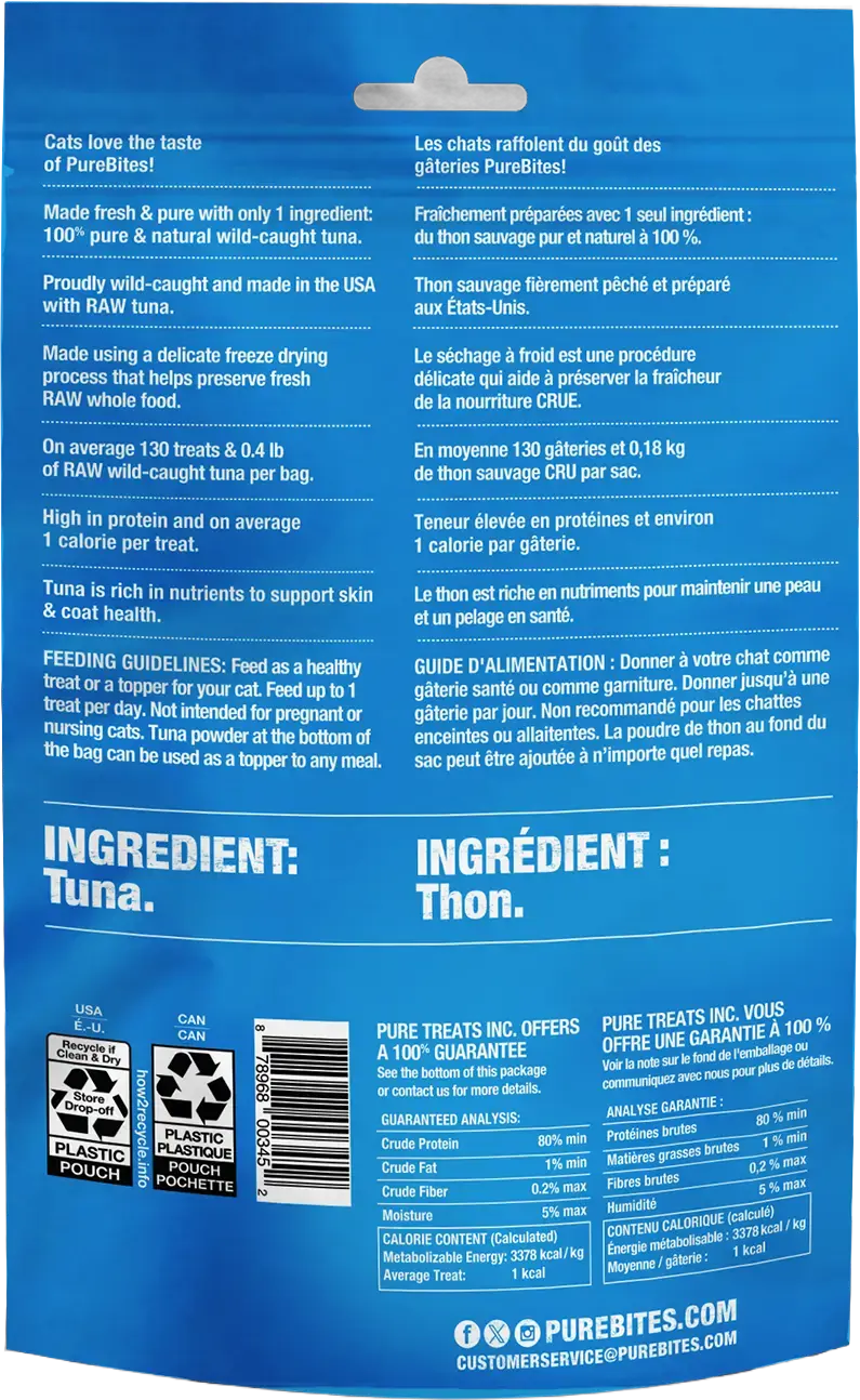 Back of PureBites Wild-Caught Tuna Freeze-Dried Cat Treats 1.8-oz