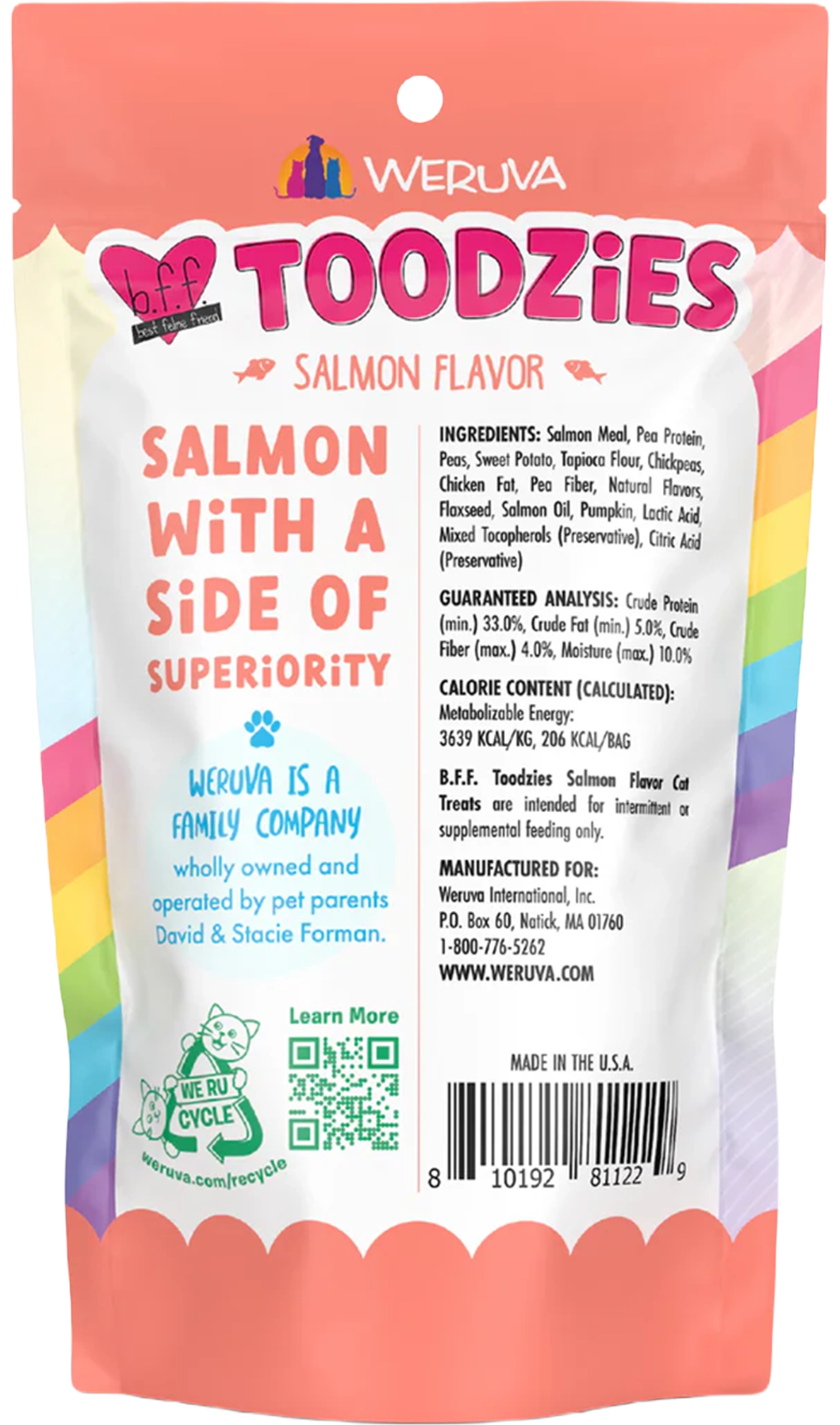 Back of Weruva B.F.F. Toodzies Crunchy Salmon Cat Treats 2-oz