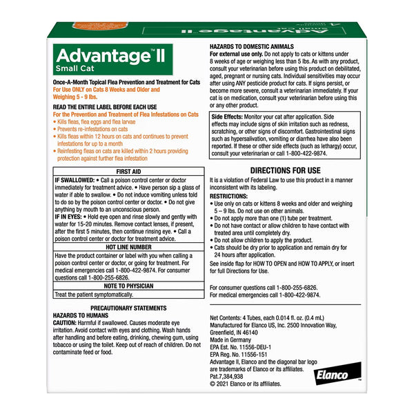 Back of Elanco Advantage II 4-Month Supply Topical Flea Treatment & Prevention for Small Cats 5-9 lbs