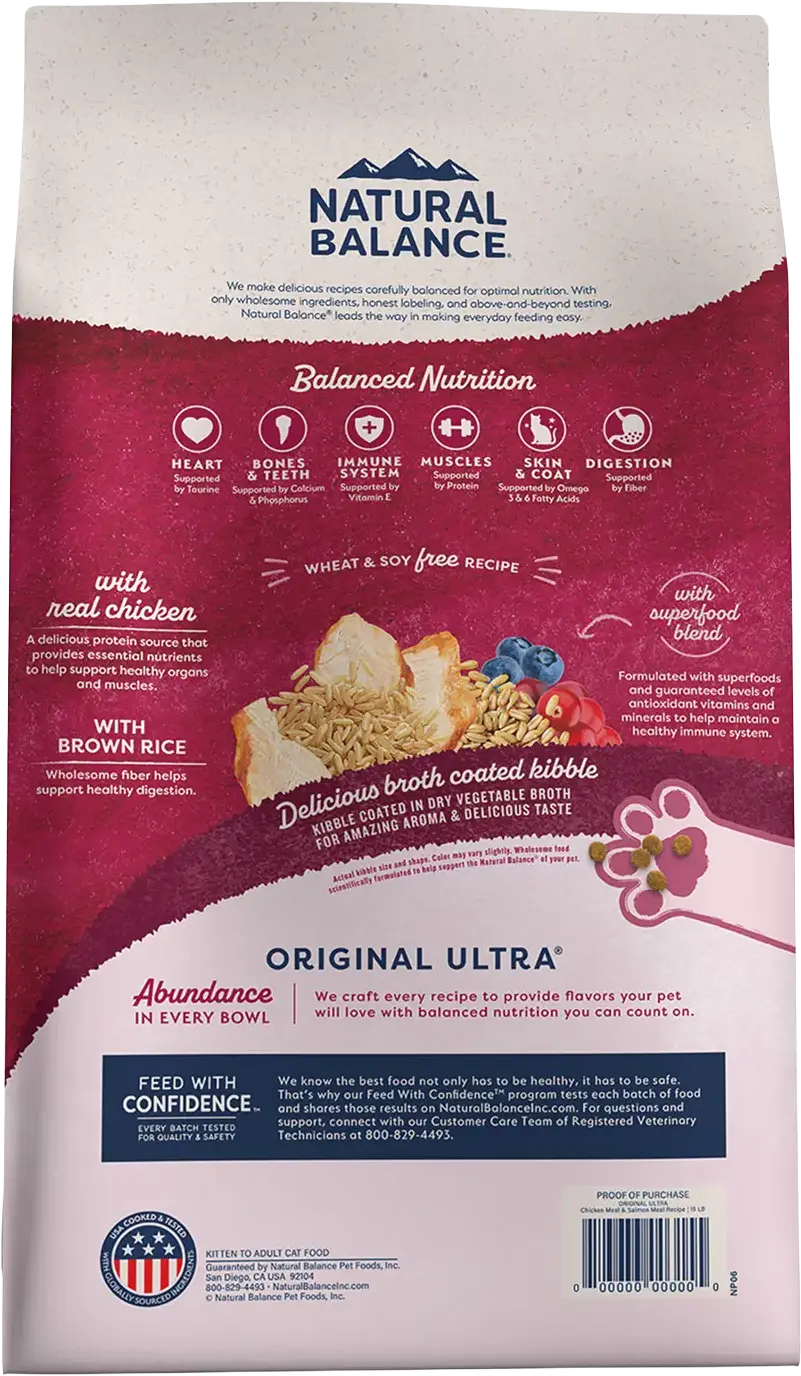 Back of Natural Balance Pet Foods Original Ultra Broth Coated Adult Dry Cat Food Chicken Meal & Salmon Meal 15-lb