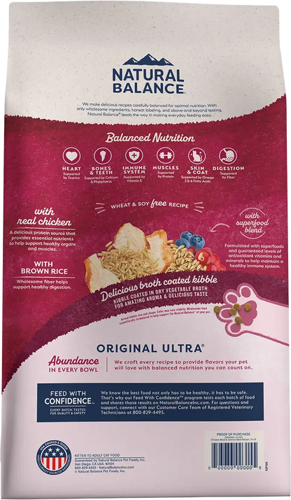 Back of Natural Balance Pet Foods Original Ultra Broth Coated Adult Dry Cat Food Chicken Meal & Salmon Meal 15-lb