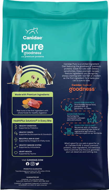 Back of CANIDAE PURE Grain-Free Limited Ingredient Healthy Weight Dry Cat Food Tuna 10-lb