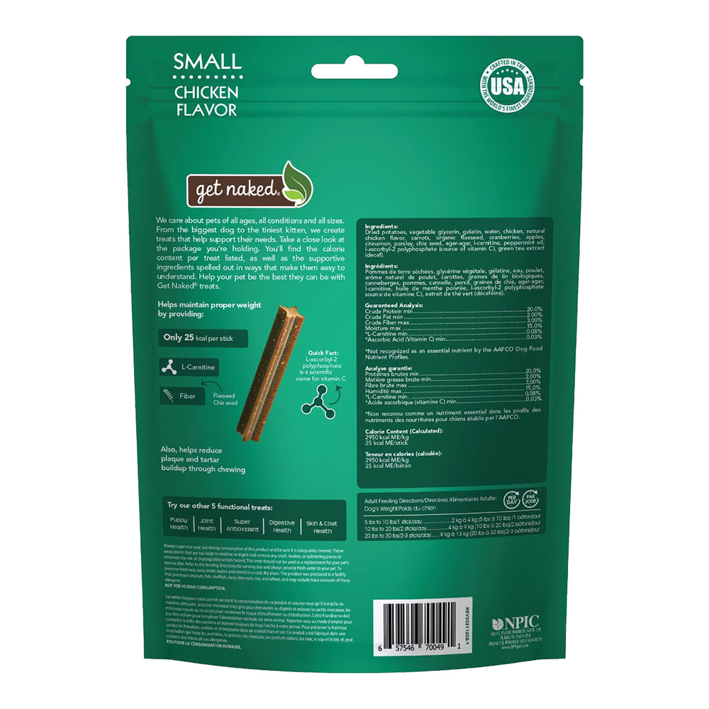 Back of Get Naked Weight Management Grain-Free Dental Stick Chicken Dog Treats Small 6.2-oz