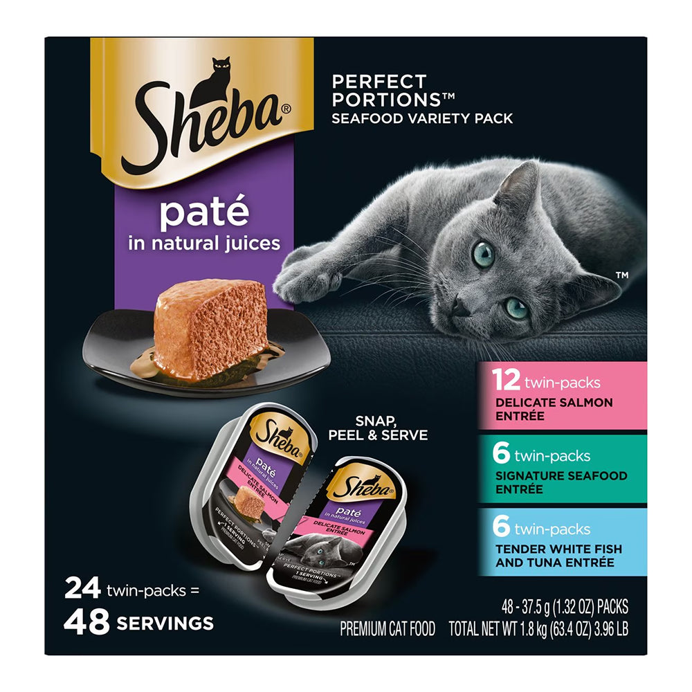Back of Sheba Perfect Portions Pate Wet Cat Food Salmon, Seafood & Whitefish/Tuna 24 Twin Variety Pack 48 Count 3.96-lb