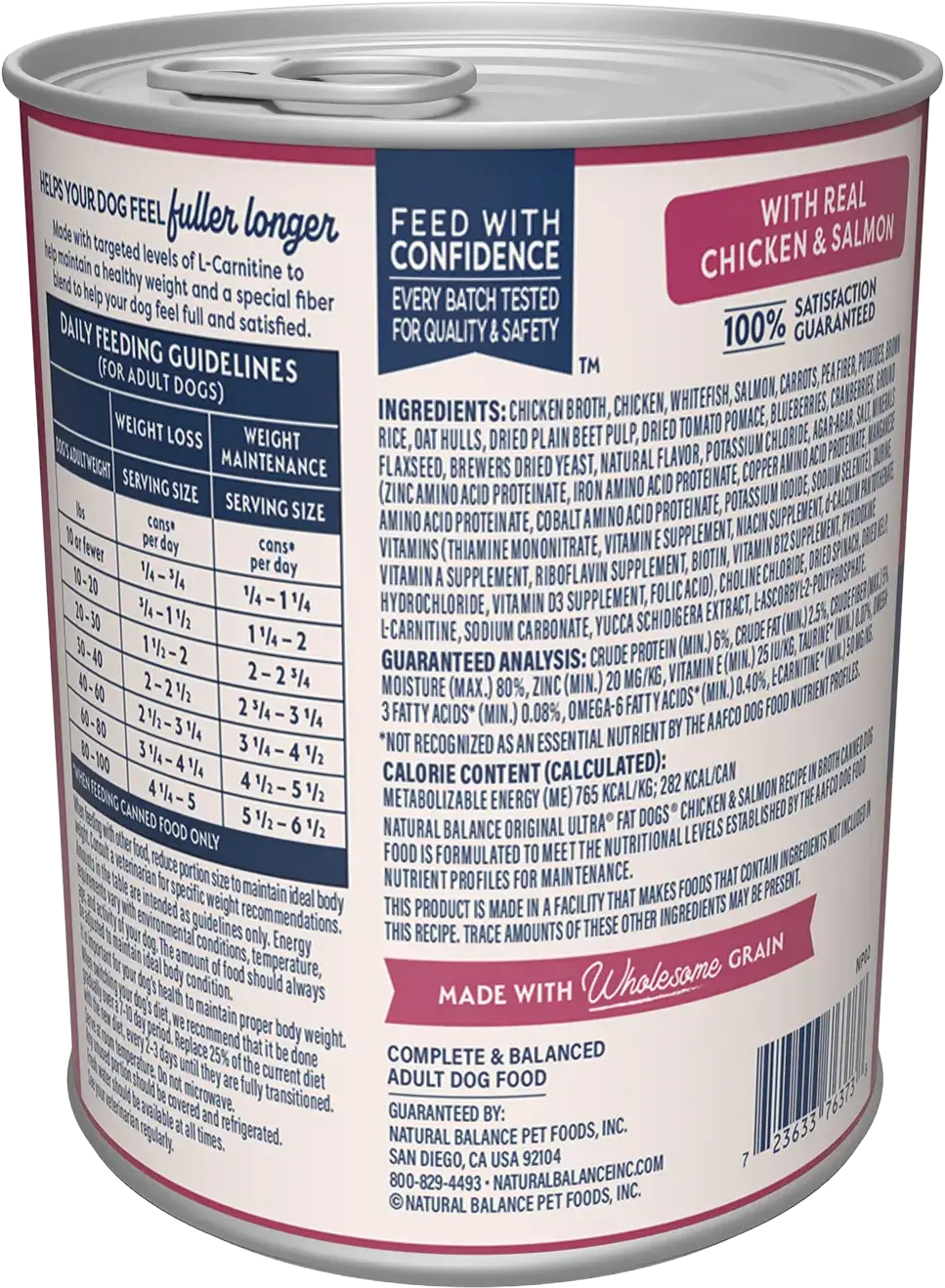 Back of Natural Balance Pet Foods Original Ultra Fat Dogs Canned Dog Food Chicken & Salmon 13-oz