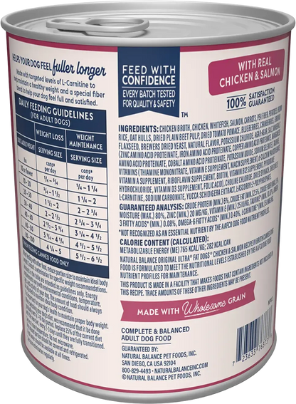 Back of Natural Balance Pet Foods Original Ultra Fat Dogs Canned Dog Food Chicken & Salmon 13-oz