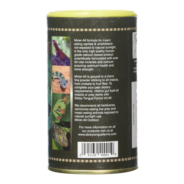 Back of Miner-All Calcium/Mineral Supplement for Indoor Incestivorous Reptiles & Amphibians 6-oz
