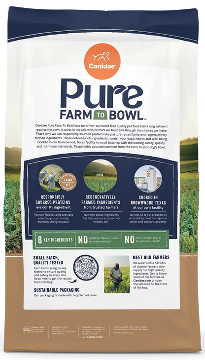 Back of Canidae Pure Goodness Wholesome Grains Adult Dry Dog Food Real Lamb & Brown Rice Recipe 4-lb