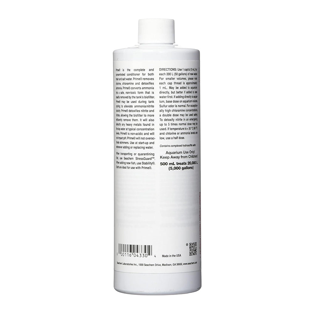 Back of Seachem Laboratories Prime Ammonia Detoxifier 500 ml 16.9-oz