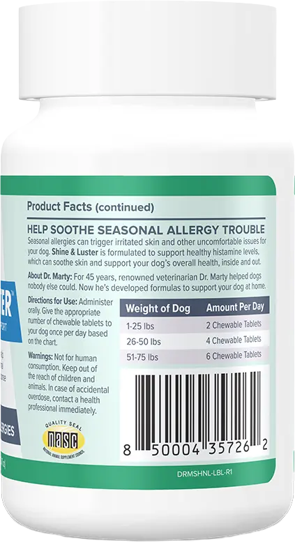 Back of Dr. Marty Shine & Luster Canine Seasonal Allergy Support Dog Chewable Tablet 60 Count