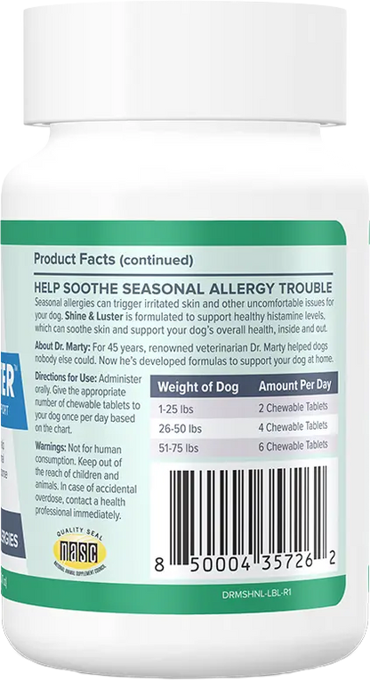 Back of Dr. Marty Shine & Luster Canine Seasonal Allergy Support Dog Chewable Tablet 60 Count
