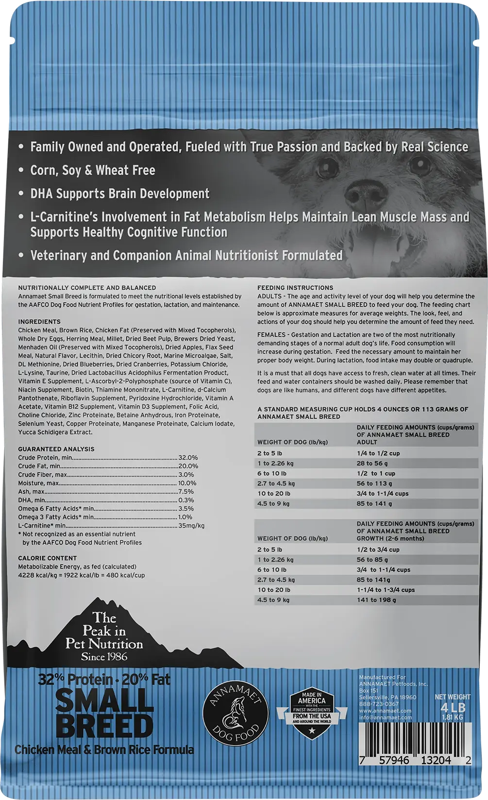 Back of Annamaet Original Small Breed Dry Dog Food Chicken Meal & Brown Rice Formula 4-lb