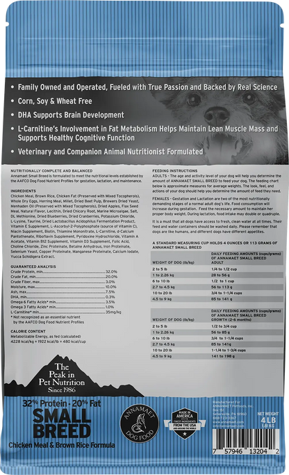 Back of Annamaet Original Small Breed Dry Dog Food Chicken Meal & Brown Rice Formula 4-lb