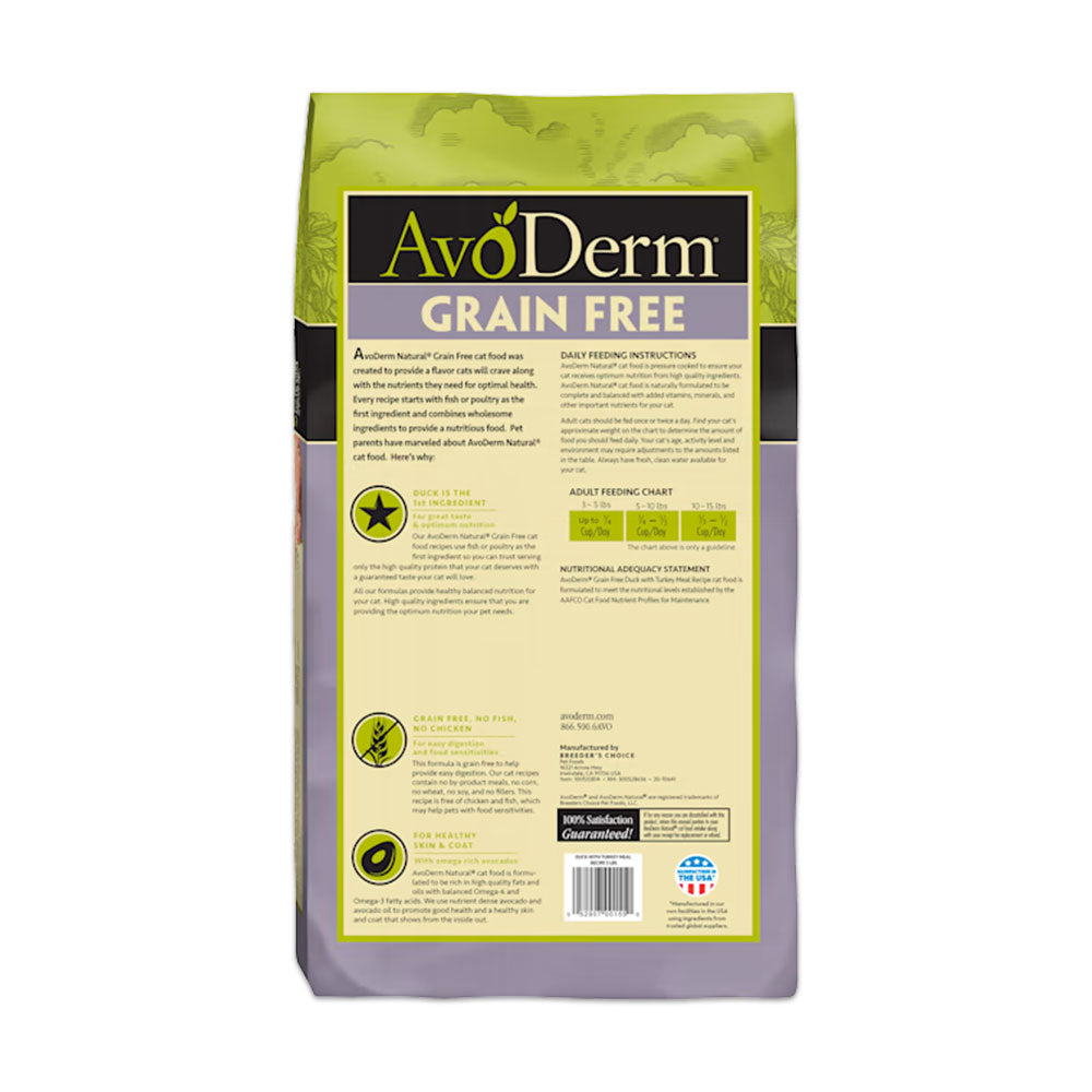 Back of AvoDerm Natural Grain Free Duck with Turkey Meal Dry Cat Food 2.5-lb