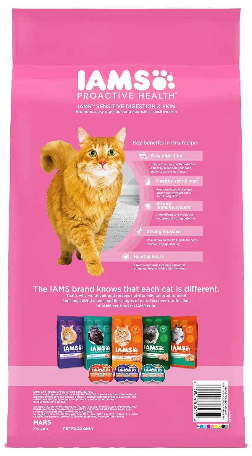 Back of IAMS Proactive Health Sensitive Digestion & Skin Adult Dry Cat Food Turkey 6-lb