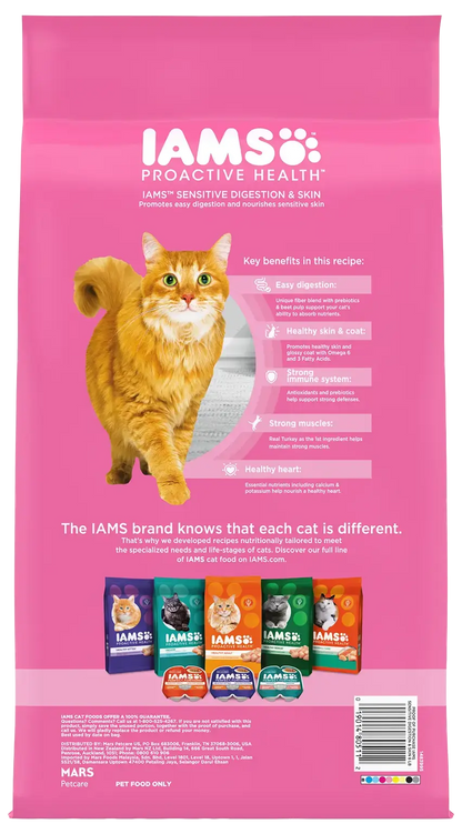 Back of IAMS Proactive Health Sensitive Digestion & Skin Adult Dry Cat Food Turkey 6-lb