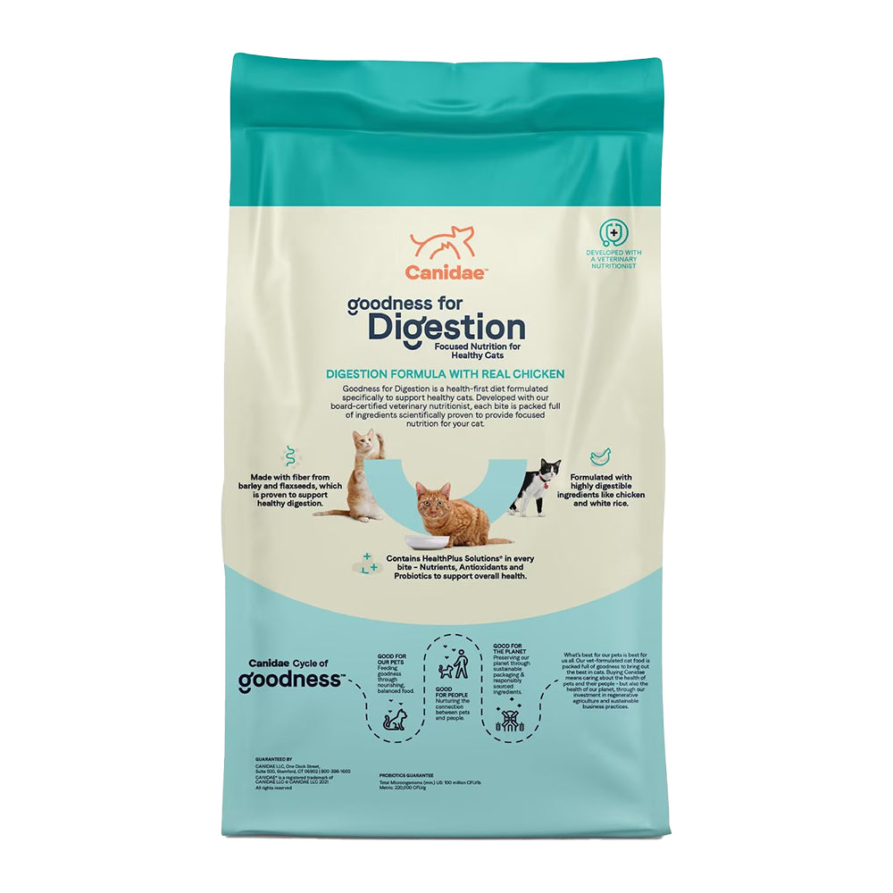 Back of CANIDAE PURE Goodness for Digestion Adult Dry Cat Food Chicken 10-lb