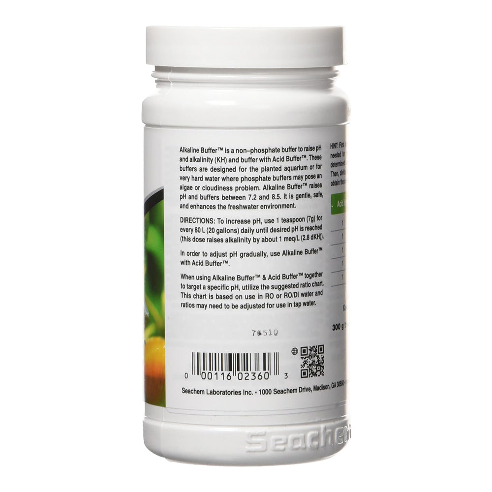 Back of Seachem Laboratories Alkaline Buffer Aquarium Water Treatment 10.6-oz