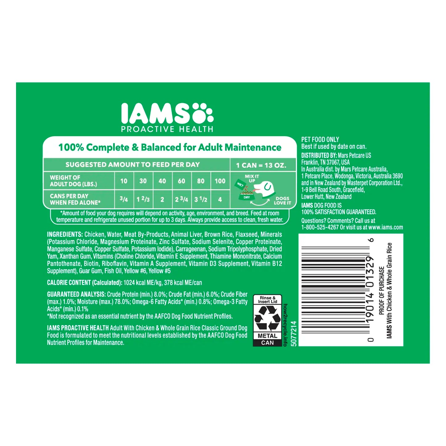 Back of IAMS Proactive Health Adult Wet Dog Food Pate with Chicken & Rice 6 Count 13-oz