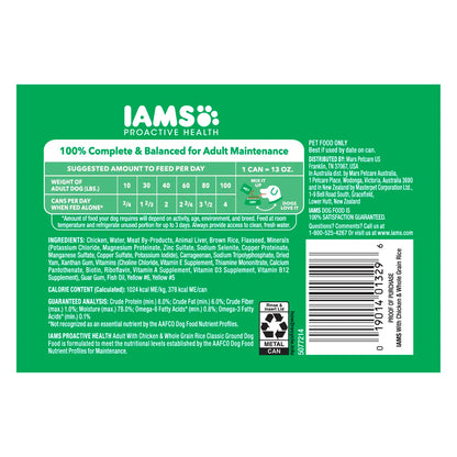 Back of IAMS Proactive Health Adult Wet Dog Food Pate with Chicken & Rice 6 Count 13-oz