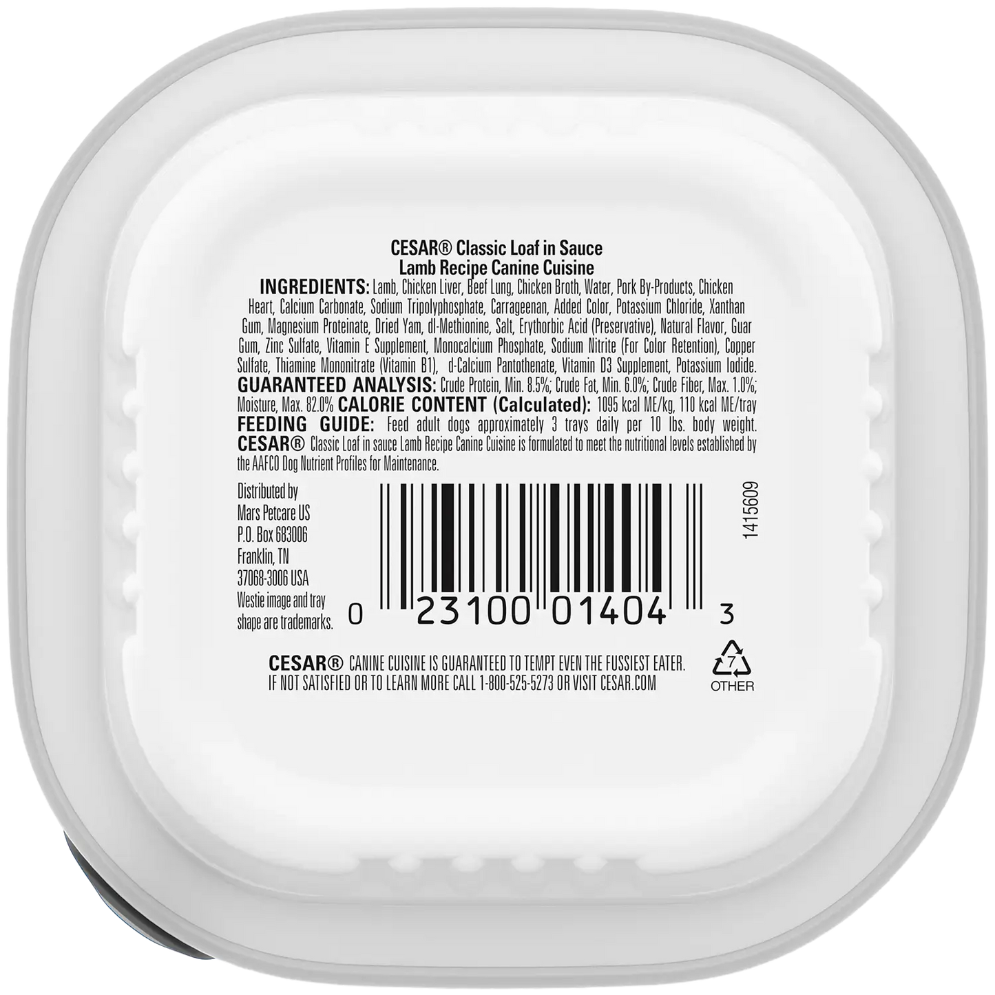 Back of Cesar Classic Loaf in Sauce Adult Wet Dog Food Lamb 3.5-oz
