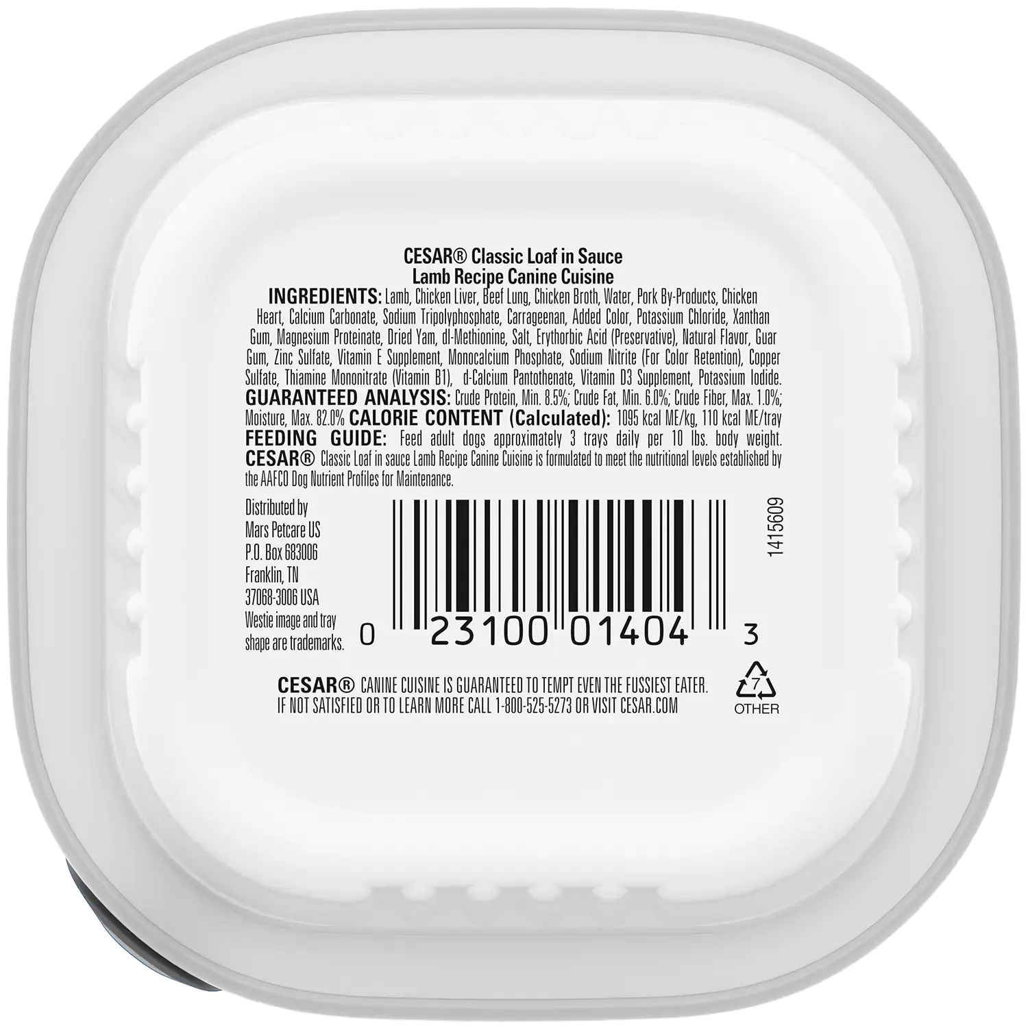 Back of Cesar Classic Loaf in Sauce Adult Wet Dog Food Lamb 3.5-oz