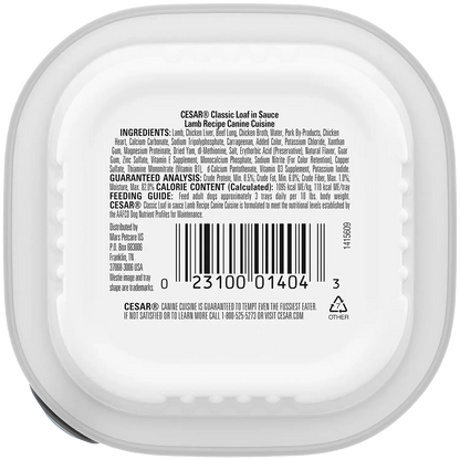 Back of Cesar Classic Loaf in Sauce Adult Wet Dog Food Lamb 3.5-oz