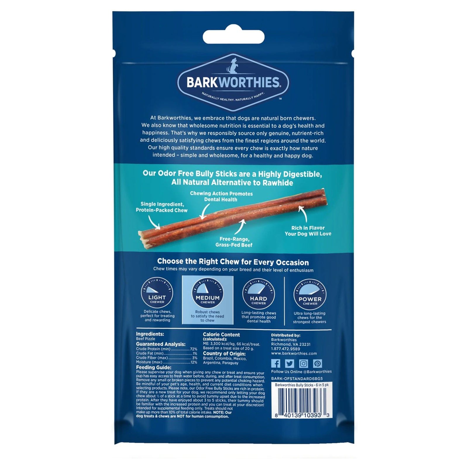 Barkworthies 6" Odor Free Bully Stick Dog Chews 5 Count, Kwik Pets