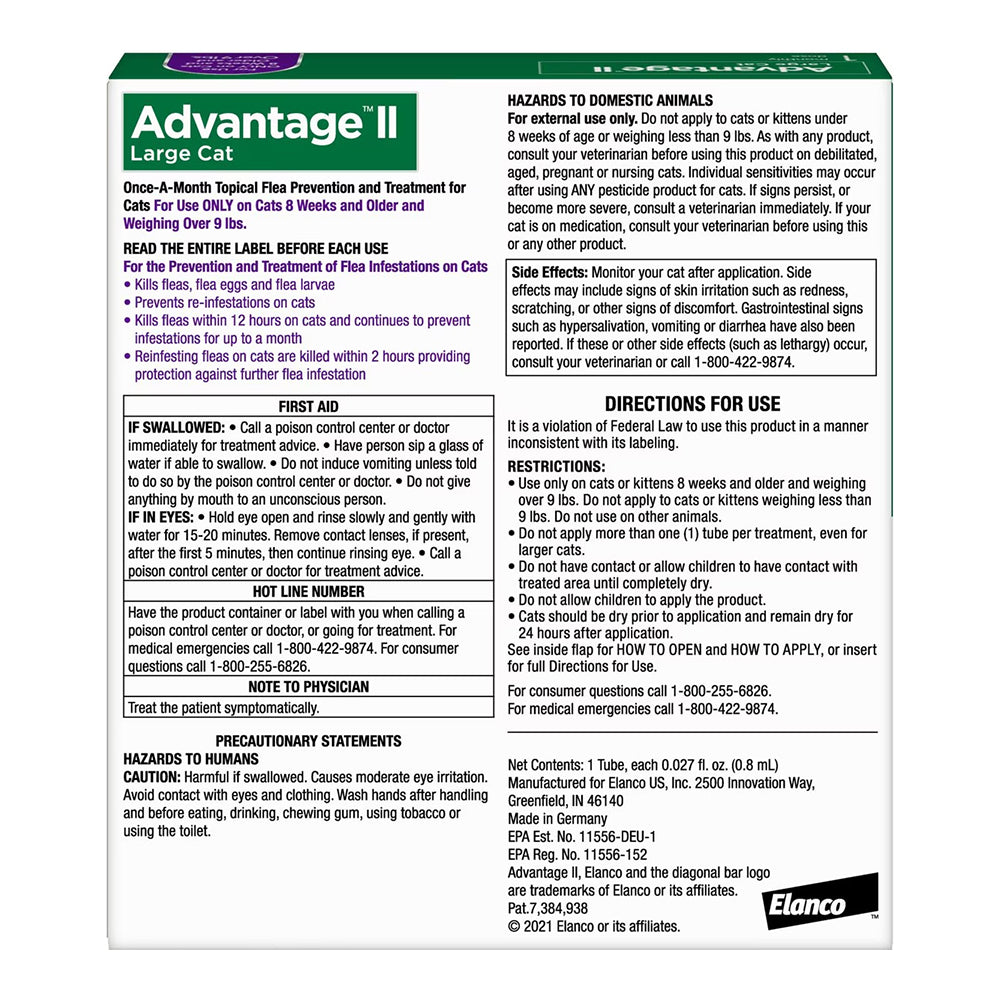 Back of Elanco Advantage II 1-Month Supply Topical Flea Treatment & Prevention for Large Cats Over 9 lbs