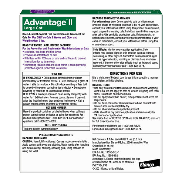 Back of Elanco Advantage II 1-Month Supply Topical Flea Treatment & Prevention for Large Cats Over 9 lbs