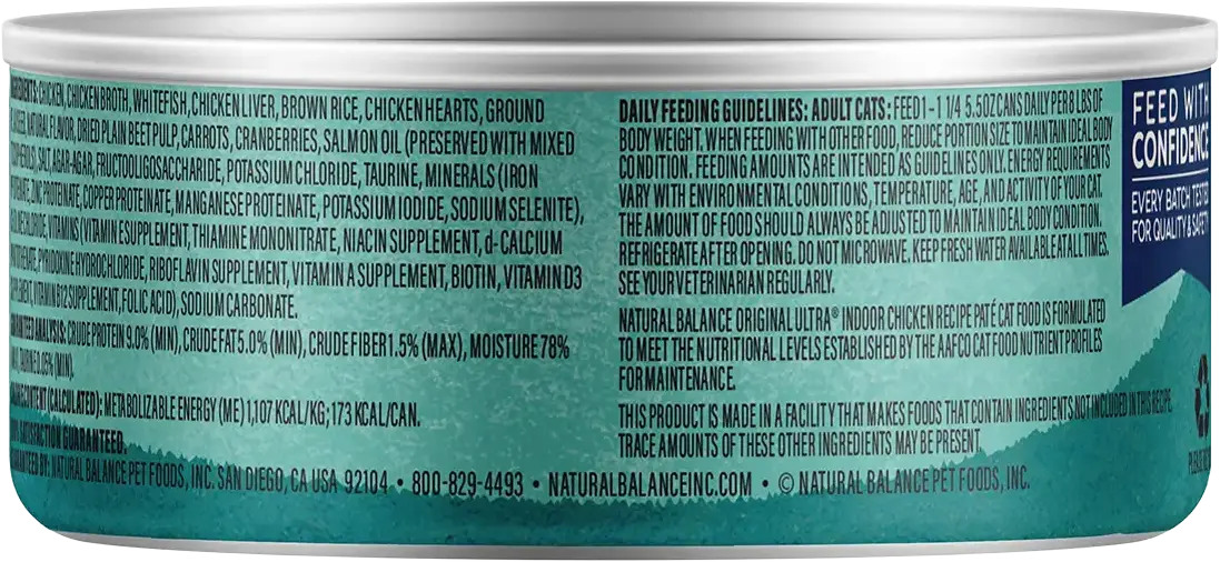 Back of Natural Balance Pet Foods Original Ultra Indoor Canned Cat Food Chicken Formula 5.5-oz