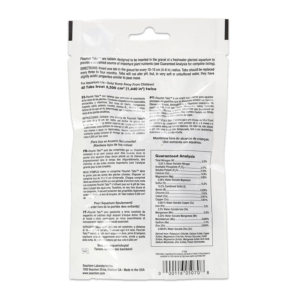 Back of Seachem Laboratories Flourish Tabs Plant Supplement 2.8-oz 40 Count