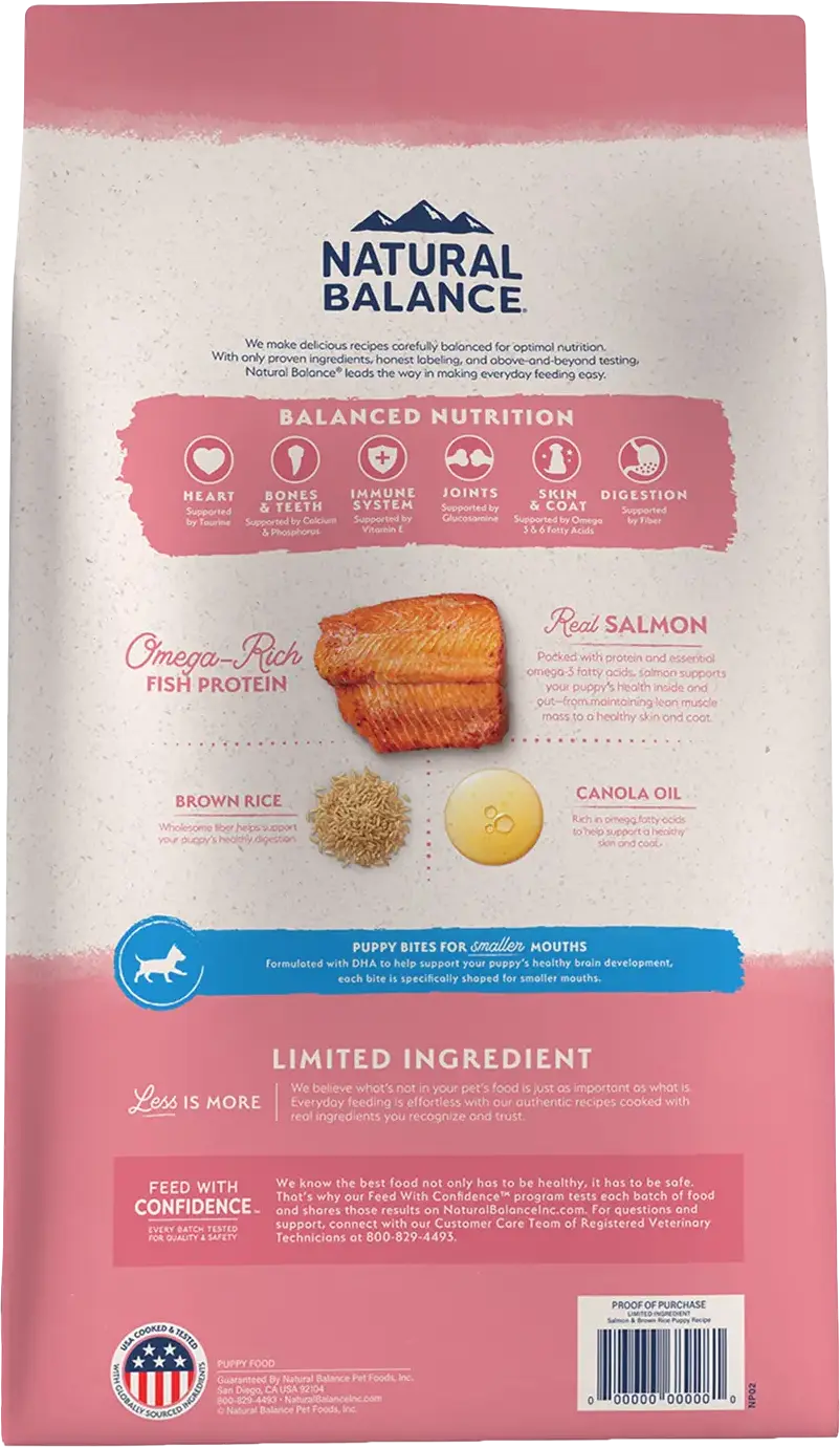 Back of Natural Balance Pet Foods Limited Ingredient Puppy Dry Food Salmon & Brown Rice 24-lb