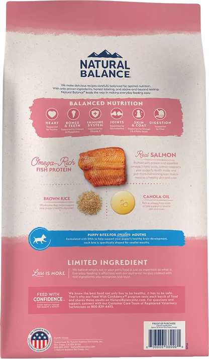 Back of Natural Balance Pet Foods Limited Ingredient Puppy Dry Food Salmon & Brown Rice 24-lb