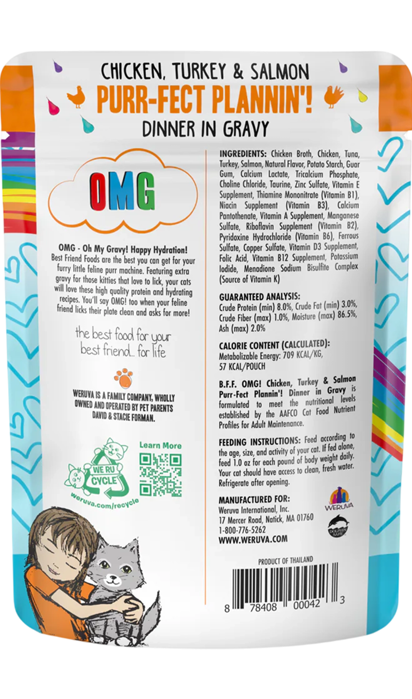 Back of Weruva B.F.F. OMG Chicken, Turkey & Salmon Purr-Fect Plannin'! Dinner in Gravy Wet Cat Food Pouches 2.8-oz