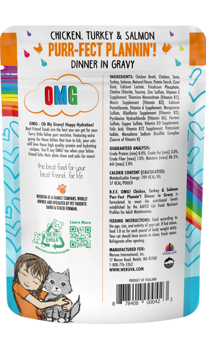 Back of Weruva B.F.F. OMG Chicken, Turkey & Salmon Purr-Fect Plannin'! Dinner in Gravy Wet Cat Food Pouches 2.8-oz