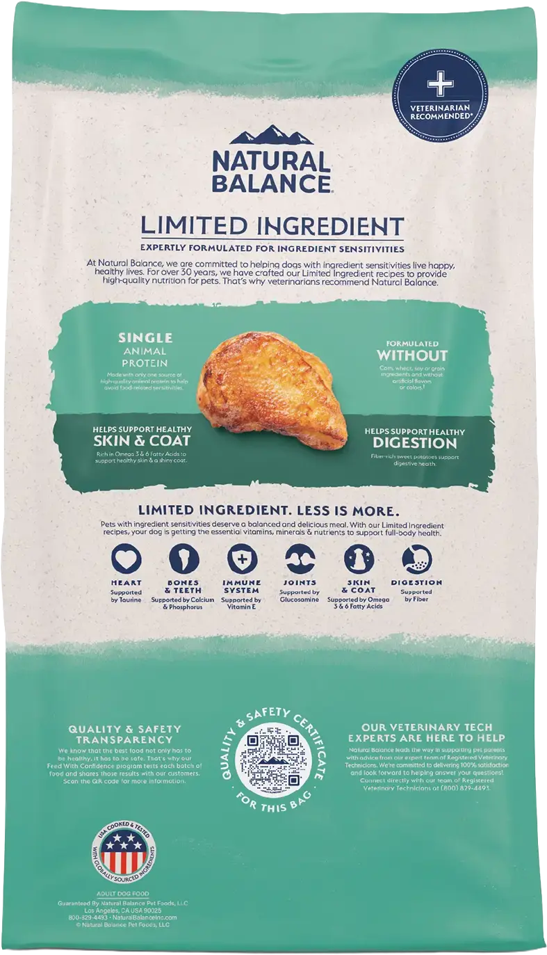Back of  Natural Balance Limited Ingredient Grain-Free Adult Dry Dog Food Chicken & Sweet Potato Recipe 24-lb