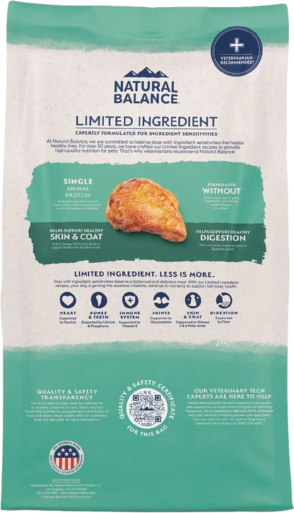 Back of  Natural Balance Limited Ingredient Grain-Free Adult Dry Dog Food Chicken & Sweet Potato Recipe 24-lb