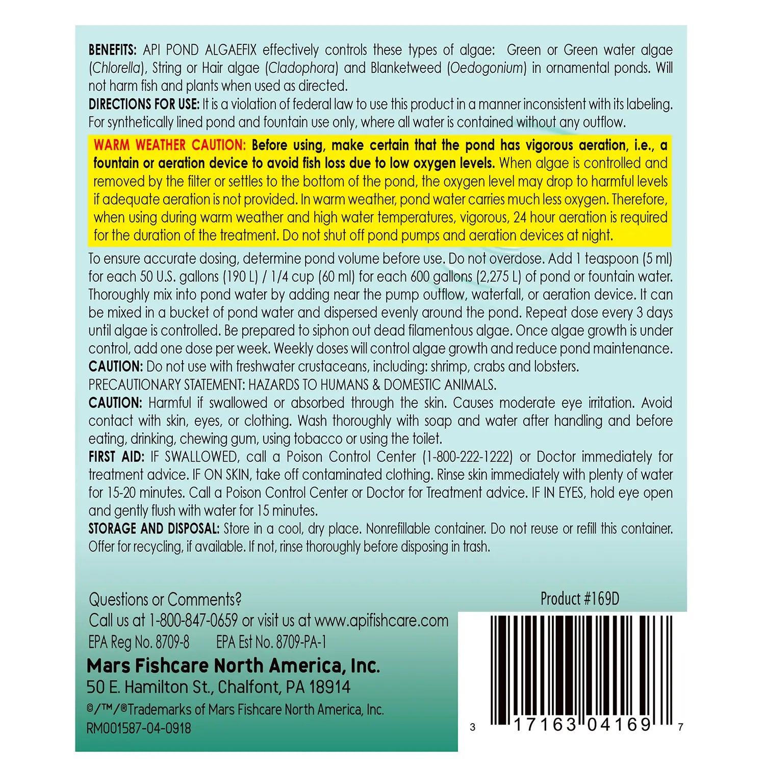 Back of API Pond AlgaeFix Algae Control Solution 64-oz