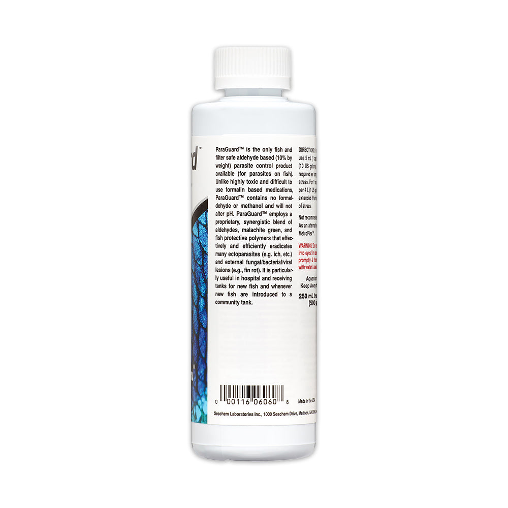Back of Seachem Laboratories ParaGuard Aldehyde Parasite Control 8.5-oz