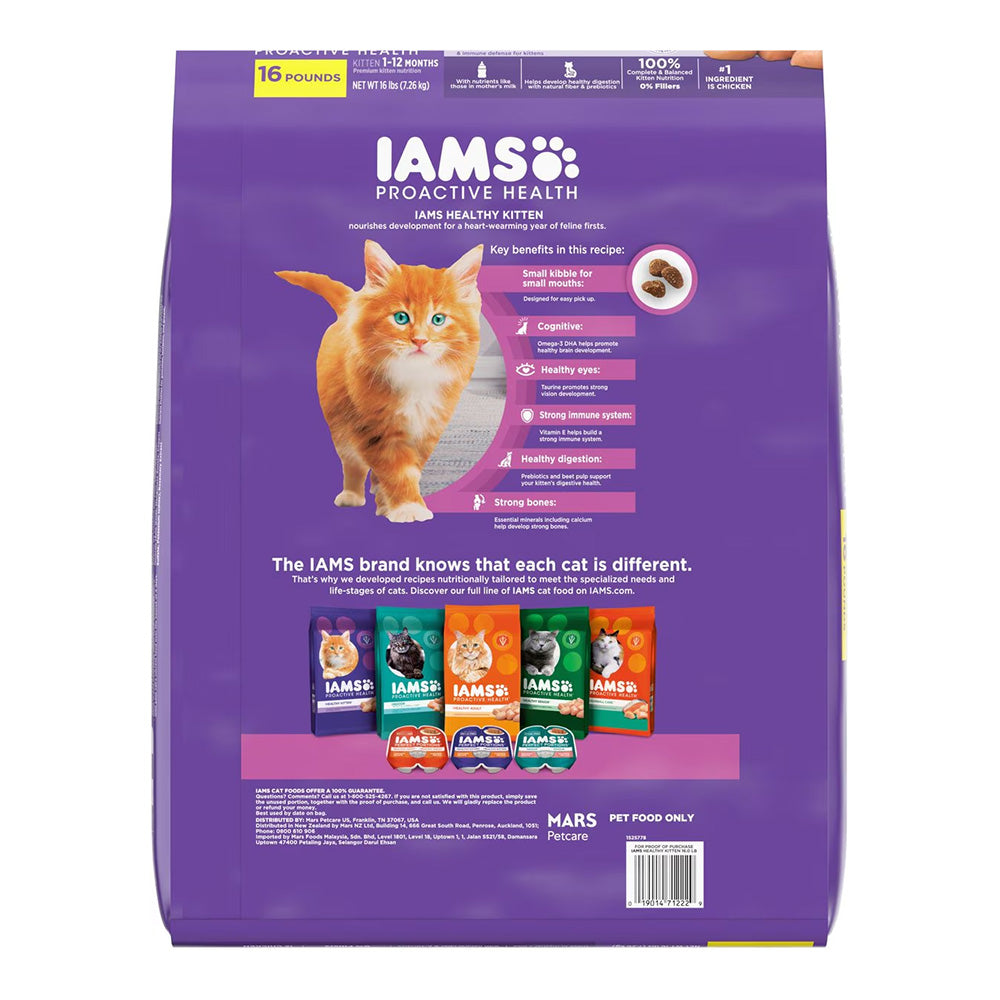 Back of IAMS Proactive Health Kitten Dry Cat Food Chicken 16-lb