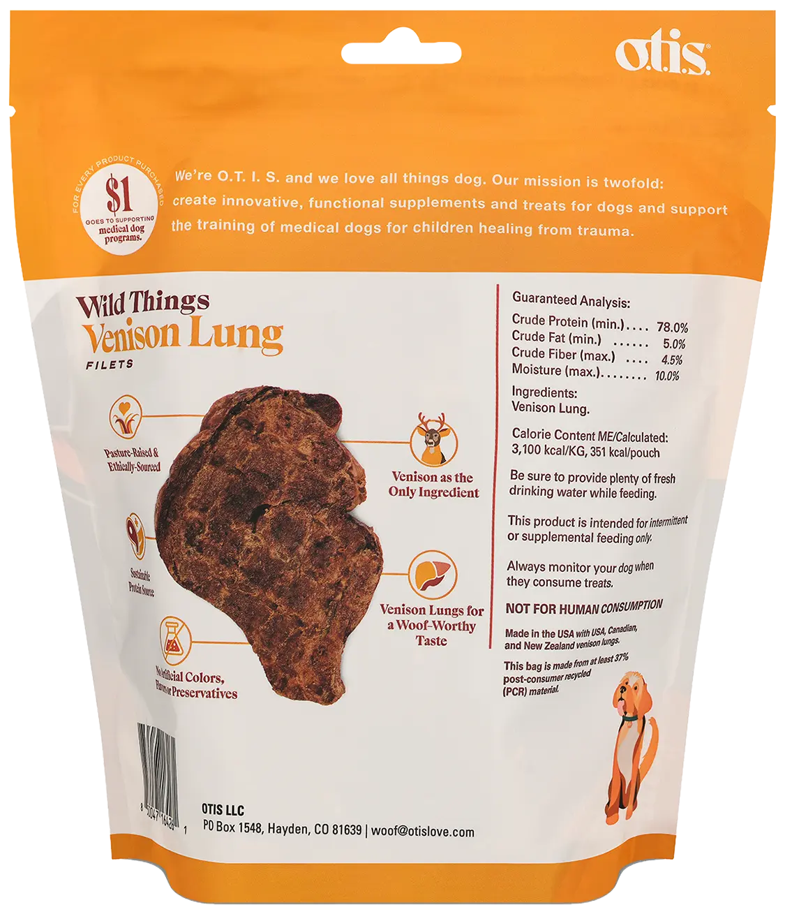 Back of O.T.I.S. Wild Things Dog Treat Filets Venison Lung 4-oz
