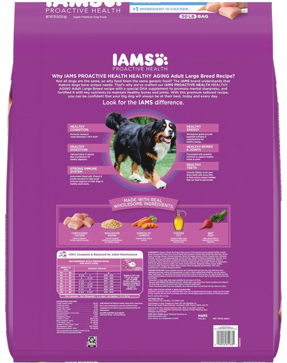 Back of IAMS Mature Adult Large Breed Senior Dry Dog Food Chicken 30-lb