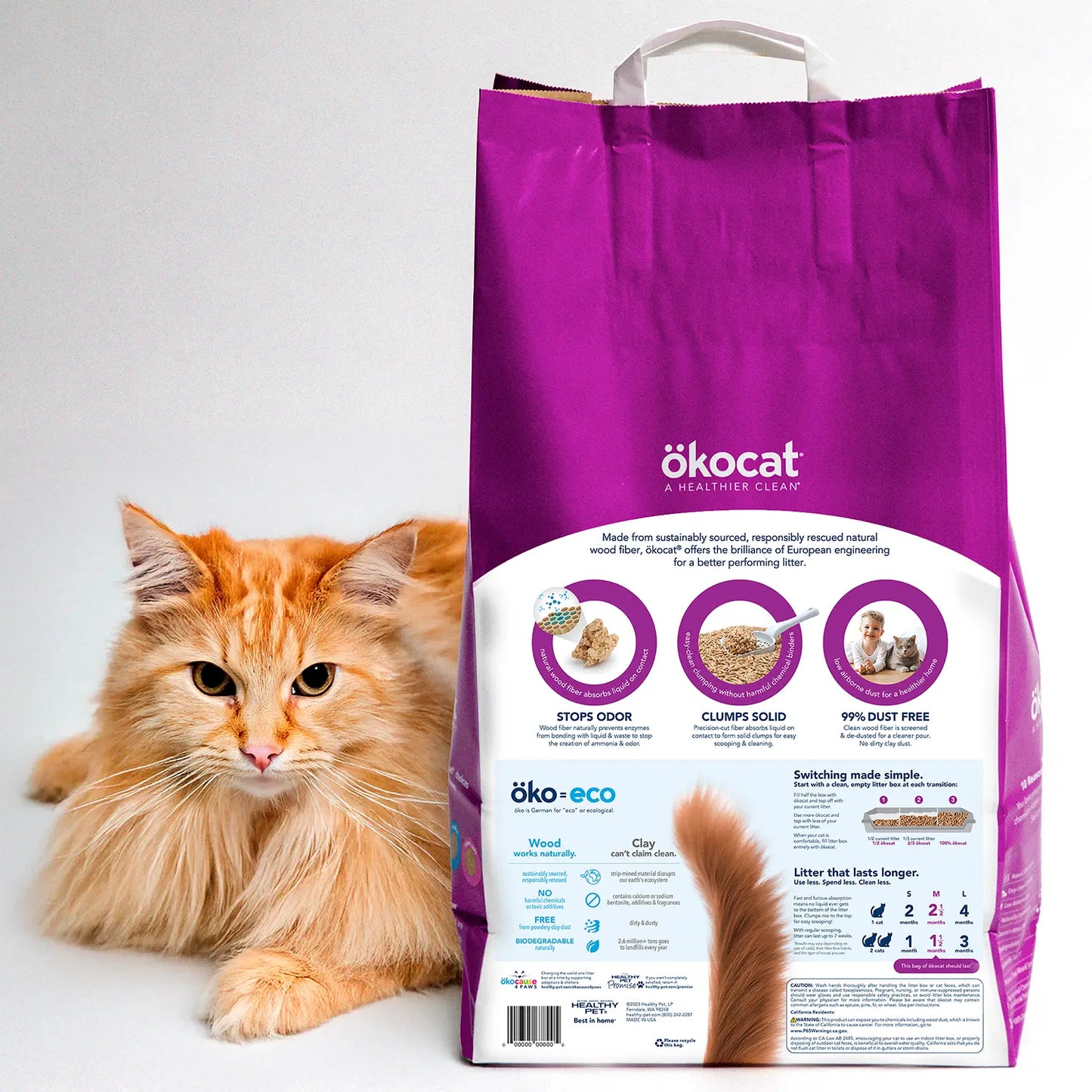 Back of Okocat Low Tracking Clumping Mini Pellets Wood Cat Litter 10-lb