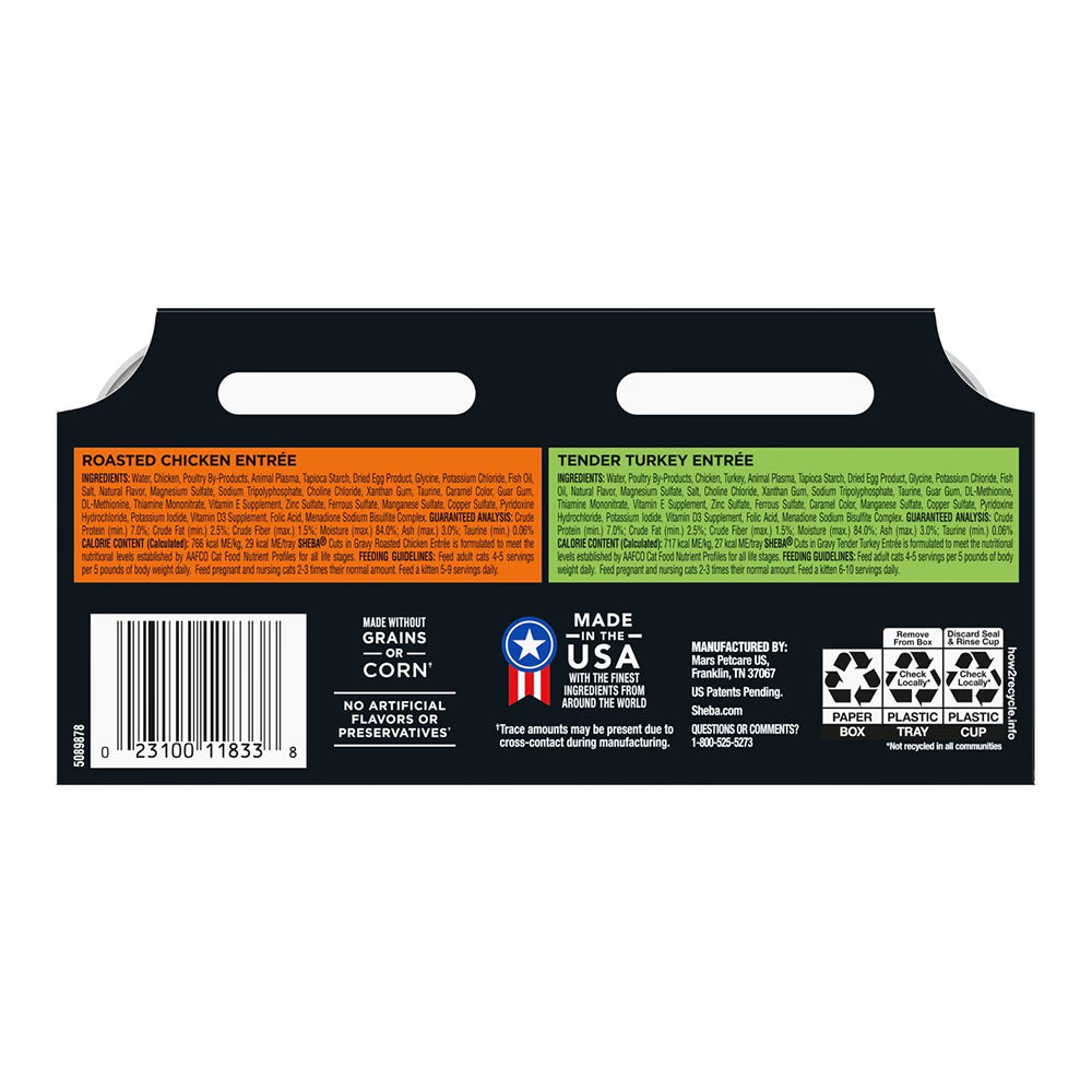 Back of Sheba Perfect Portions Cuts in Gravy Wet Cat Food Roasted Chicken & Tender Turkey 12 Twin Variety Pack 24 Count 1.98-lb