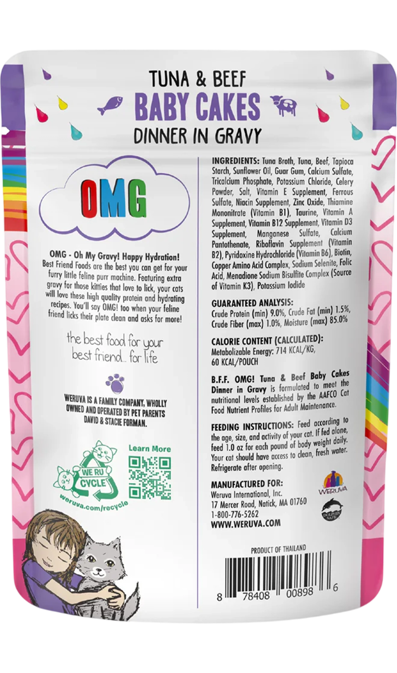 Back of Weruva B.F.F. OMG Tuna & Beef Baby Cakes Dinner in Gravy Wet Cat Food Pouches 3-oz