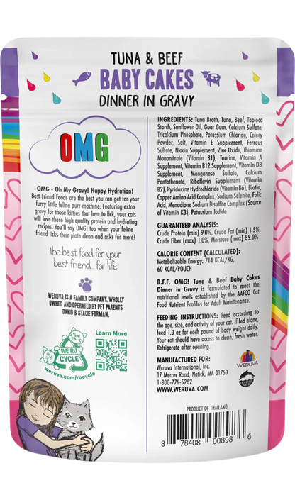 Back of Weruva B.F.F. OMG Tuna & Beef Baby Cakes Dinner in Gravy Wet Cat Food Pouches 3-oz