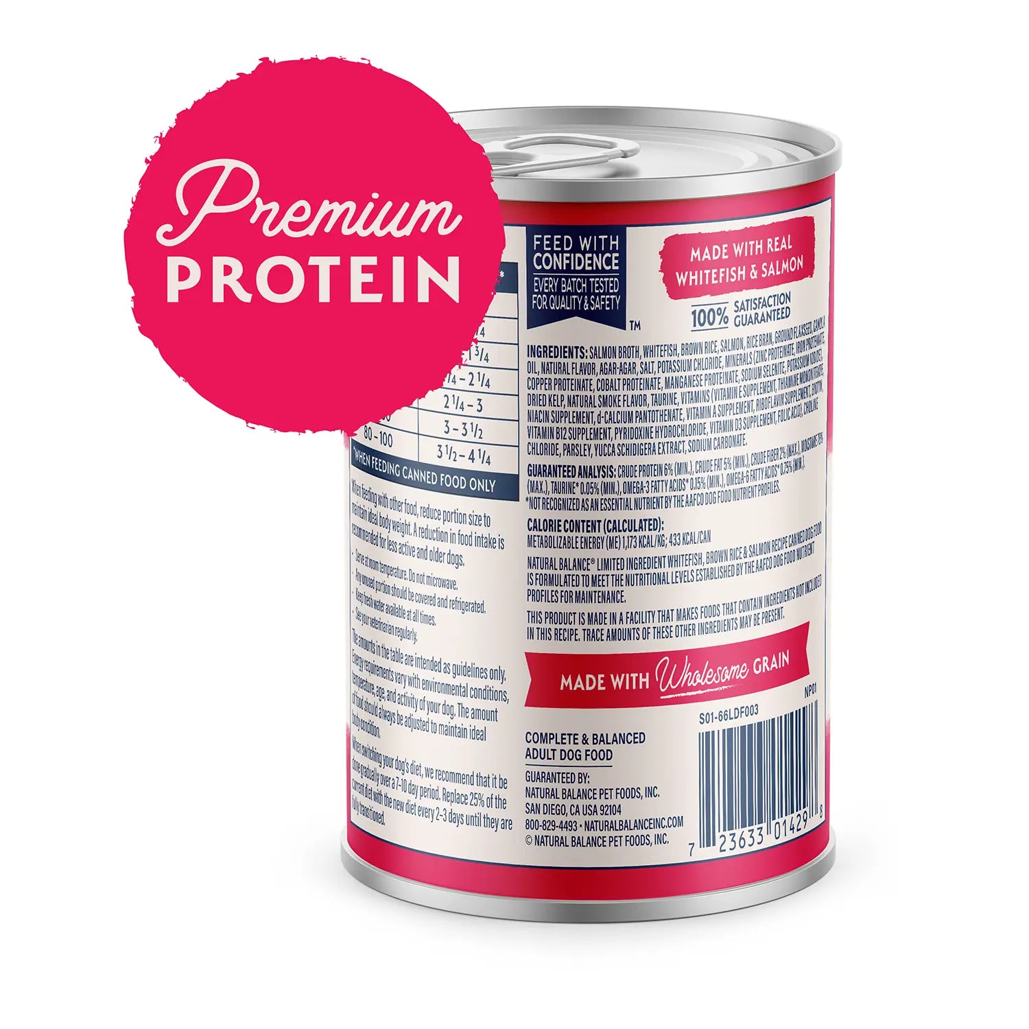 Back of Natural Balance Pet Foods Limited Ingredient Canned Dog Food Whitefish Brown Rice & Salmon 13-oz